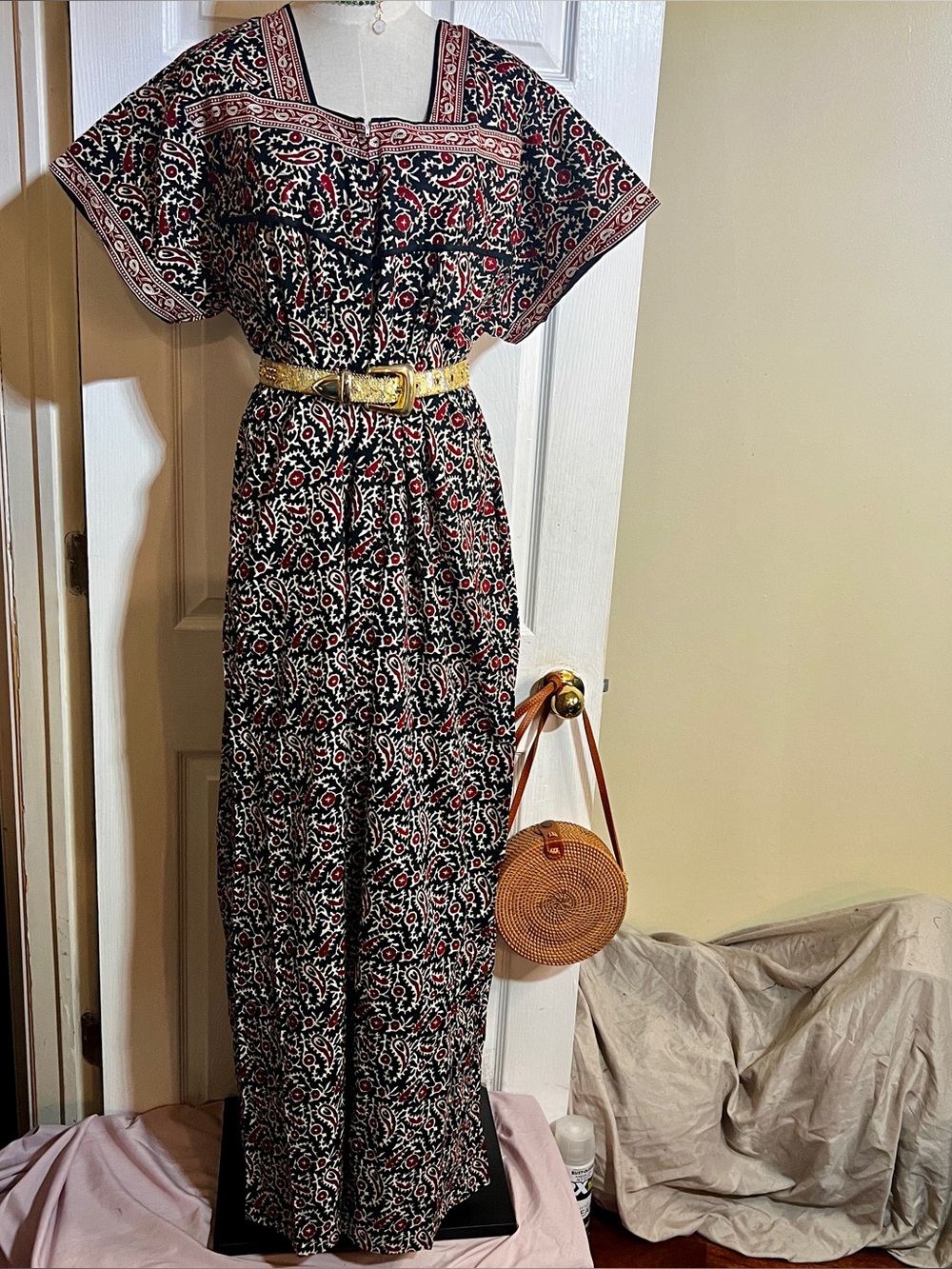 Women’s Paisley Print Cotton S/S Boho Artsy Maxi Kaftan Summer Dress XL